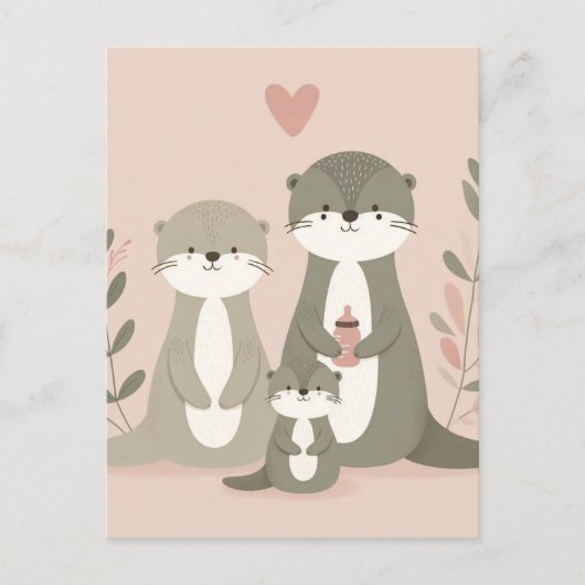 Schattig Otter Boho Moeder Pap en Baby Pink Briefkaart (Voorkant)