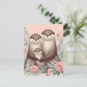 Schattig Otter Boho Roze Mam Pap en Baby Briefkaart (Staand voorkant)