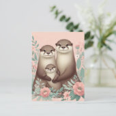 Schattig Otter Boho Roze Rose Mam Pa en Baby Briefkaart (Staand voorkant)