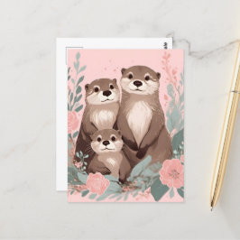 Schattig Otter Boho Roze Rose Mam Pa en Baby Briefkaart