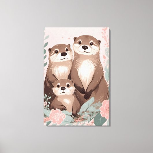 Schattig Otter Boho Roze Rose Mam Pa en Baby Canvas Afdruk (Voorkant)
