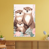 Schattig Otter Boho Roze Rose Mam Pa en Baby Canvas Afdruk (Insitu (Woonkamer))