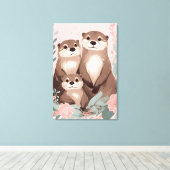 Schattig Otter Boho Roze Rose Mam Pa en Baby Canvas Afdruk (Insitu (Houten vloer))