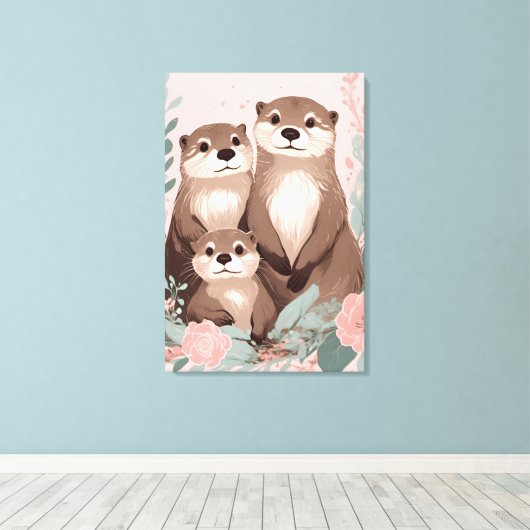 Schattig Otter Boho Roze Rose Mam Pa en Baby Canvas Afdruk (Insitu (Houten vloer))