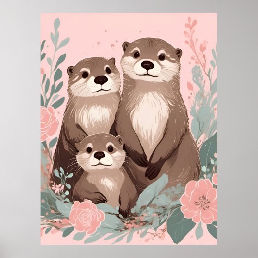 Schattig Otter Boho Roze Rose Mam Pa en Baby Poster (Voorkant)
