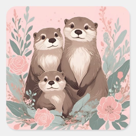 Schattig Otter Boho Roze Rose Mam Pa en Baby Vierkante Sticker (Voorkant)