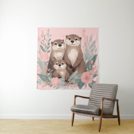 Schattig Otter Boho Roze Rose Mam Pa en Baby Wandkleed