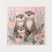 Schattig Otter Boho Roze Rose Mam Pa en Baby Wandkleed (Voorkant)