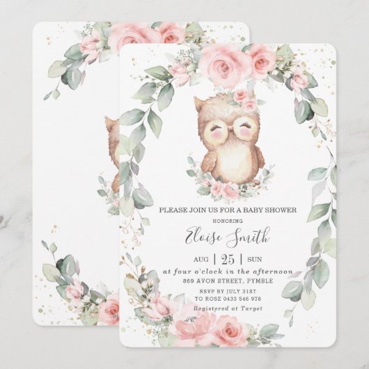 Schattig Owl Pink Floral Greenery Baby shower Kaart (Voorkant / Achterkant)