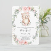 Schattig Owl Pink Floral Greenery Baby shower Kaart (Staand voorkant)