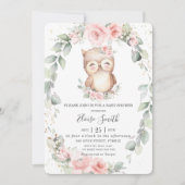 Schattig Owl Pink Floral Greenery Baby shower Kaart (Voorkant)