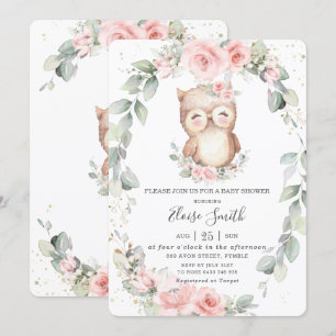 Schattig Owl Pink Floral Greenery Baby shower  Kaart
