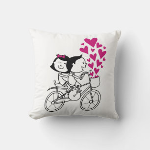 Schattig Paar op Fiets – Romantische Illustratie D Kussen
