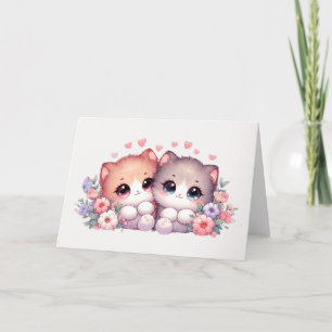 Schattig Paar Verlegen Kitten Hart & Bloemige Blan Kaart
