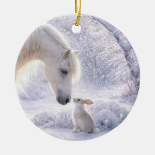 Schattig paard en konijn sneeuw Kerstmis Keramisch Ornament