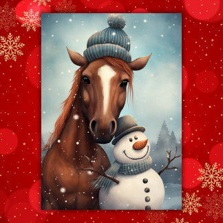 Schattig Paard en Sneeuwman Kerstmis Feestdagen Kaart