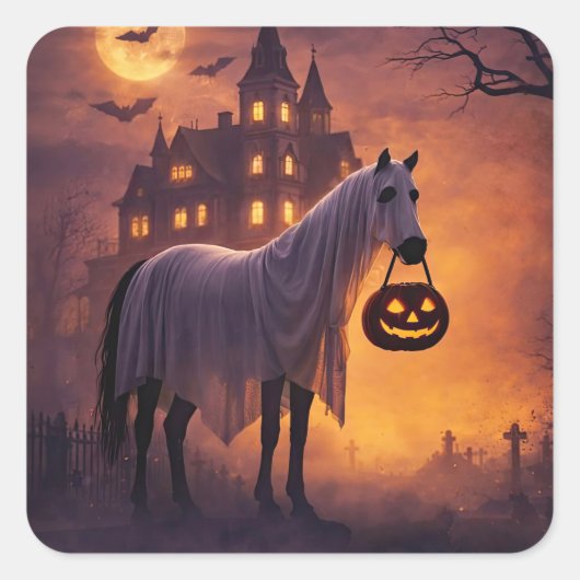 Schattig Paard Halloween Geest Grappig Vierkante Sticker (Voorkant)