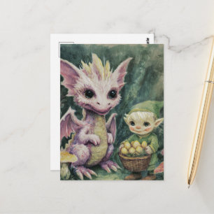 Schattig Paars Baby Draakje en Elf met Eieren Briefkaart