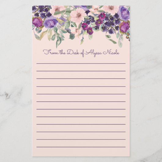 Schattig Paars Blush Roze Bloemmotief Wit Geliniee Briefpapier (Voorkant)