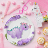 Schattig Paars Dinosaur Floral Baby shower Papieren Bordje (Feest)