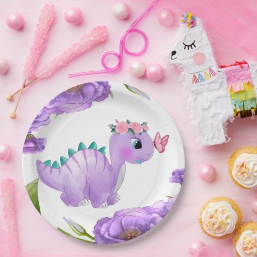 Schattig Paars Dinosaur Floral Baby shower Papieren Bordje (Feest)