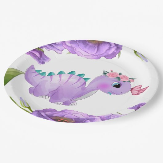 Schattig Paars Dinosaur Floral Baby shower Papieren Bordje (Gekanteld)