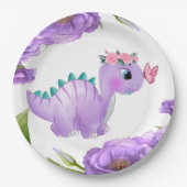 Schattig Paars Dinosaur Floral Baby shower Papieren Bordje (Voorkant)