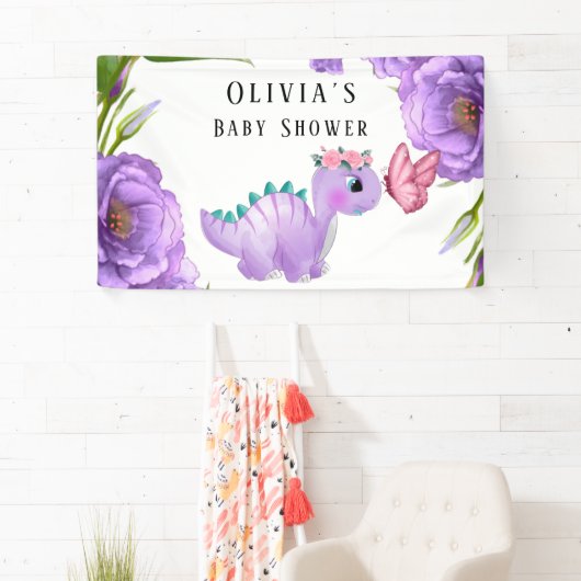 Schattig Paars Dinosaur Floral Baby shower Spandoek (Insitu)
