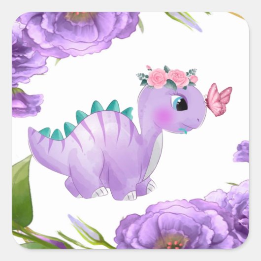 Schattig Paars Dinosaur Floral Baby shower Squar Vierkante Sticker (Voorkant)