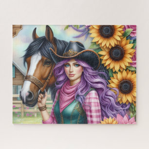 Schattig Paars Haar Cowgirl Paard Zonnebloemen Legpuzzel