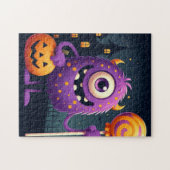 Schattig, paars trick-or-treating monster legpuzzel (Horizontaal)