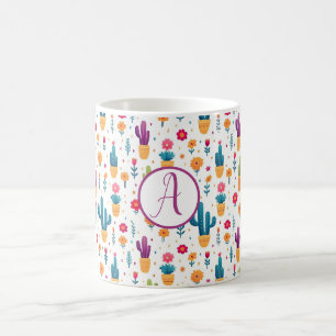 Schattig Paarse Blauwgroen Floral Cactus Script Mo Koffiemok