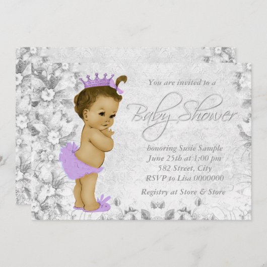 Schattig  Paarse en grijs Baby shower Kaart (Voorkant / Achterkant)