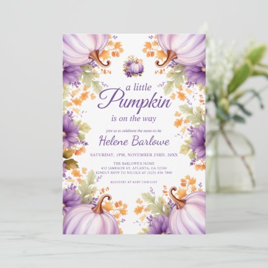 Schattig Paarse kleine pompoen Baby shower Kaart (Staand voorkant)