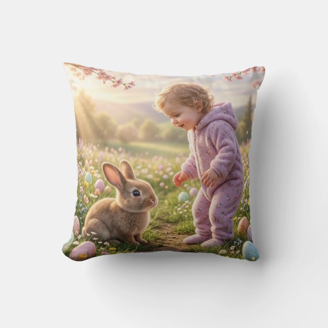 Schattig Paas Konijn en Kind Kussen (Voorkant)