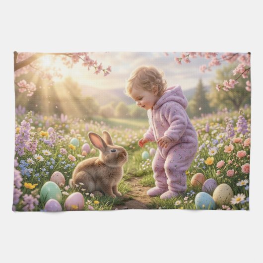 Schattig Paas Konijn en Kind Theedoek (Horizontaal)