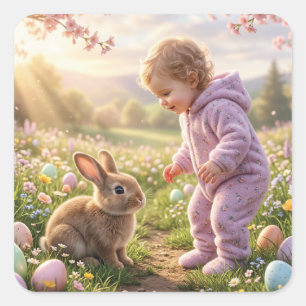Schattig Paas Konijn en Kind Vierkante Sticker
