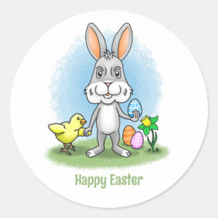 Schattig Paaspaas konijn en de gele kip Ronde Sticker
