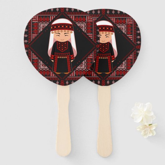 schattig Palestijns meisje Borduurwerk rode tatree Handwaaier (Voorkant en achterkant)