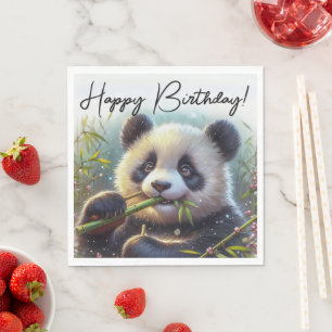 Schattig Panda Beer Eten Bamboe Happy Birthday Servet