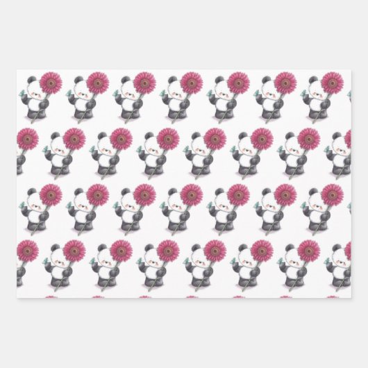Schattig Panda & Flower Wrapping Paper (Voorkant)