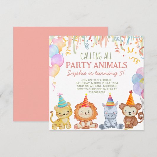 Schattig Party Animals Peach Pink Safari Verjaarda Kaart (Voorkant / Achterkant)