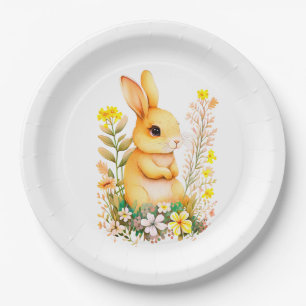 Schattig Pasen Konijn & Bloemen op Wit Papieren Bordje