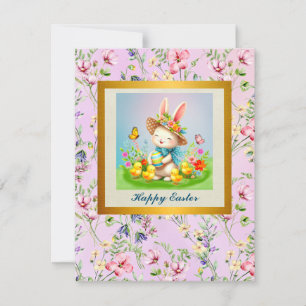 Schattig Pasen Konijn en Gelukkige Lente Bloemen V Feestdagenkaart