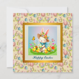 Schattig Pasen Konijn en Gelukkige Lente Bloemen V Kaart