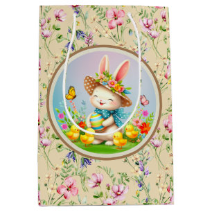Schattig Pasen Konijn en Gelukkige Lente Bloemen V Medium Cadeauzakje