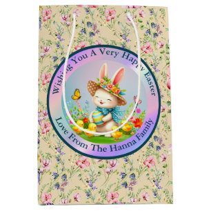 Schattig Pasen Konijn en Gelukkige Lente Bloemen V Medium Cadeauzakje