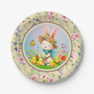 Schattig Pasen Konijn en Gelukkige Lente Bloemen V Papieren Bordje