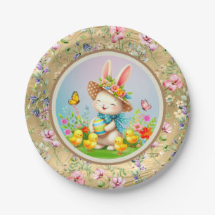 Schattig Pasen Konijn en Gelukkige Lente Bloemen V Papieren Bordje