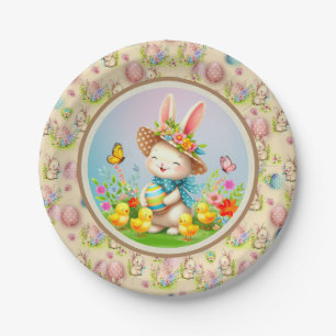 Schattig Pasen Konijn en Gelukkige Lente Bloemen V Papieren Bordje